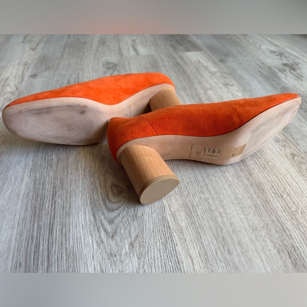 COS Orange Suede & Wood Block Heel Mod Style Square Toe Pumps Short Heels Size 7 - Picture 10 of 14